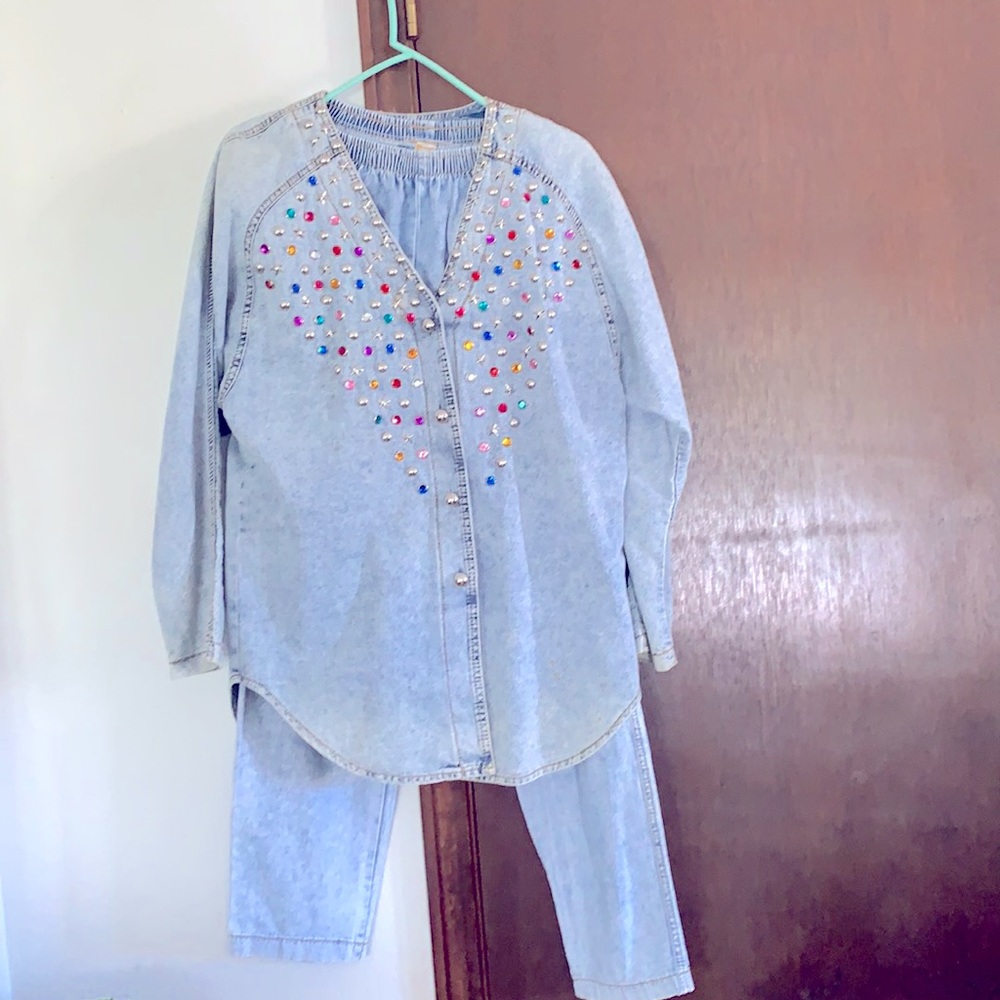 Hand studded pant suit denim colorful rhinestones